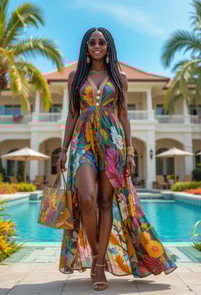 a woman in a colorful dress standing in front of a pool