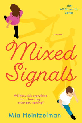 Mixed Signals - a yellow background with a man and a woman walking in opposite directions
