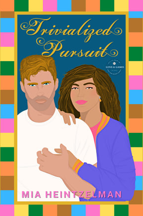 Trivialized Pursuit - a man and woman standing next to each other inside a Trivial Pursuit game
