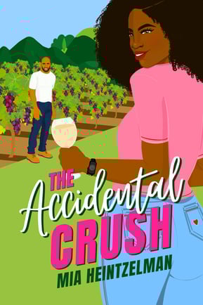 The Accidental Crush book cover - a Black woman in jeans and a pink shirt is holding a glass of wine