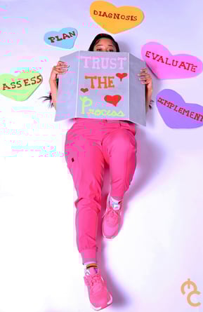 Nurse Nova holding a card that says "Trust the Process" covering her face, excluding her eyes, laying surrounded by hearts.
