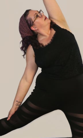 rachel yoga pose black outfit white background