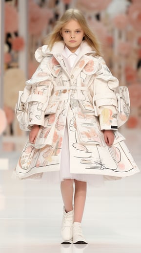 a young girl in a fashion white dress and a white coat