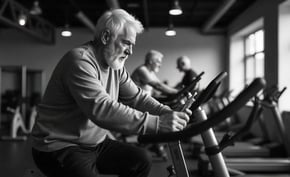 a man in a gym room with a woman on a bike