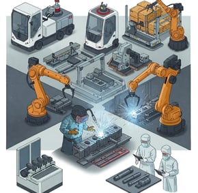 Muestra robots realizando diversas tareas, desde la optimización de la logística hasta la soldadura