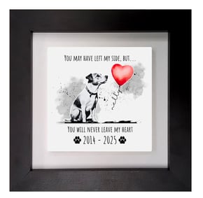 Framed Memory Tile of a dog with a heart shaped balloon