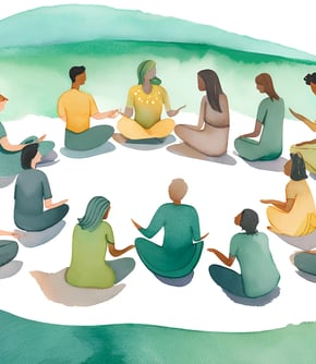 A green and yellow watercolour image of diverse group of people sitting in a circle