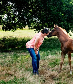 girl enjoying outdoor pasture with her horse