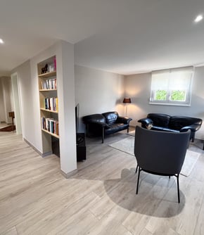 a living room with a couch and a chair