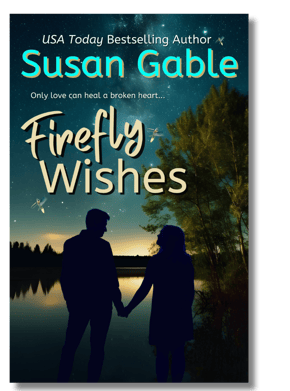 Firefly Wishes Cover - man & woman hold hands, silhoutted against end of sunset over lake, fireflies