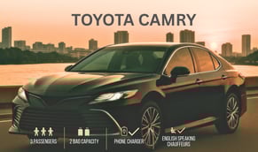 Toyota Camry sedan for premium chauffeur service in Thailand, seating 3 passengers with luggage, pho