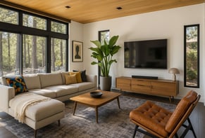 Bright Mid-Century living space with sectional, large windows, and warm wood ceiling