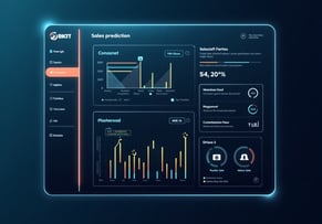 "AI-powered sales prediction dashboard showing revenue forecast, KPIs, and monthly performance trend