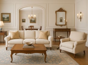 Traditional living room and dining room with neutral tones and classic furniture by Solo Home Decor.