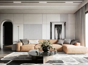 Modern contemporary living room with clean lines and soft neutral tones.