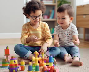 A young child engages in a creative activity, painting with their fingers on paper, while an adult assists and guides them. The child, adorned in a pink tutu-like skirt, appears focused on the task. The setting includes a pink chair and a bright yellow frame in the background.