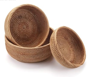 three round shaped woven baskets 