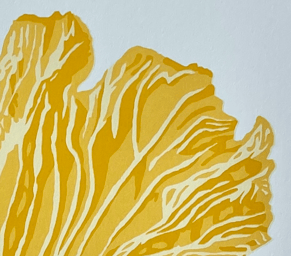 Close up of a hand-made silk screen art print of a yellow chanterelle mushroom