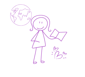 Female stick figure holding an open book. Earth above hear and hearts floating in air.