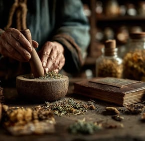 imagem focada nas mãos de uma pessoa masserando ervas em um pequeno pilão de madeira rústica