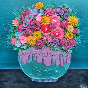 a painting of a vase with colorful flowers