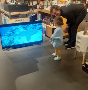 une petite fille qui regarde un requin à la télé avec alain surina