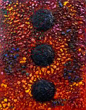 an encaustic painting of a raised dots on a red background