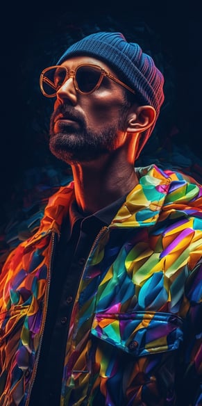 a man with a colorful jacket and sunglasses