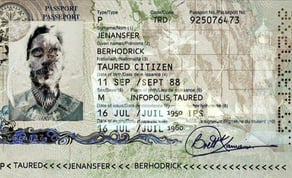 Customs officer confused by a Taured passport in 1950s-style setting