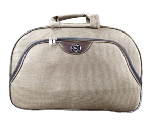 tan color duffle with brown color leather logo and tan fabric sturdy handle