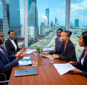 a group of business people sitting around a table