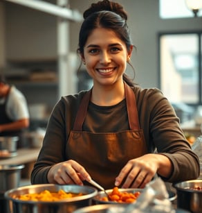 a woman in a apron is smiling and holding a knife and fork
