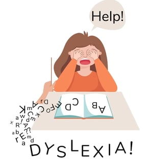 a woman sitting at a desk with a book having dyslexia
