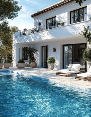Modern luxury home and crystal-clear pool, representing high-end residential clients who trust Piscus Pools for expert care.