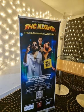 Entry sign to The Happening Club Night where we setup up a black shimmer wall, Brisbane.