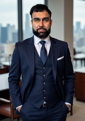 a man in a suit and tie standing in front of a table