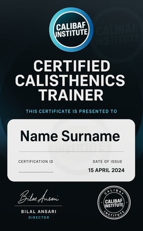 CERTIFICATE of Calisthenics Trainer by CALIBAF INSTITUTE, located in KALYAN NAGAR, BANGALORE, INDIA