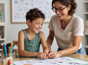 boy and his mom sitting at a table using a visual communication board for autism