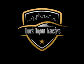 Quick Airport Transfers Logo black background with gold shield outline