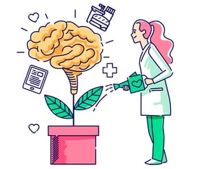 mulher regando vazo onde a planta é um cérebro