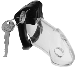 close up picture of a clear chastity cage with a black cock ring and set of metal keys