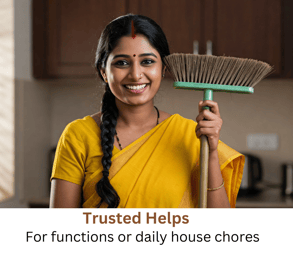 A smiling woman in a yellow sari holding a broom, captioned ‘Trusted Helps – For functions or daily 