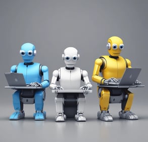 Four small, white robot figures are sitting in a row, each with a laptop in front of them. They have round bodies and blue accents, with 'AI' displayed on their chests. The background is minimal and light gray, emphasizing the robots and their computers.