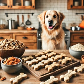 a dog sitting on a table with a bowl of dog treats