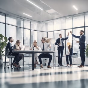 Office setting of co-workers motivating each other