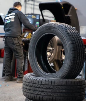 fresh car tyres stacked in a tire shop in Nigeria