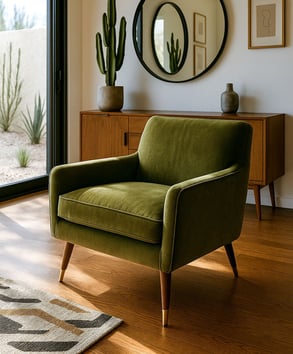 Olive green Mid-Century Modern chair with wood legs and styled rug