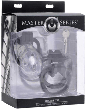 Chastity cage in packaging with master series Rikers 2.0 24/7 locking chastity cage