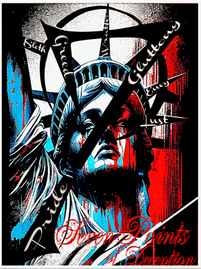 a poster of a statue of liberty in front of a red and white background