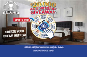 Email promoting a $20,000 anniversary giveaway. The image features bold text announcing the giveaway and a chance to win furn